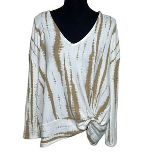 Terra‎ & Sky 0X(14W) stylish + cozy white & tan long sleeve ruched side top